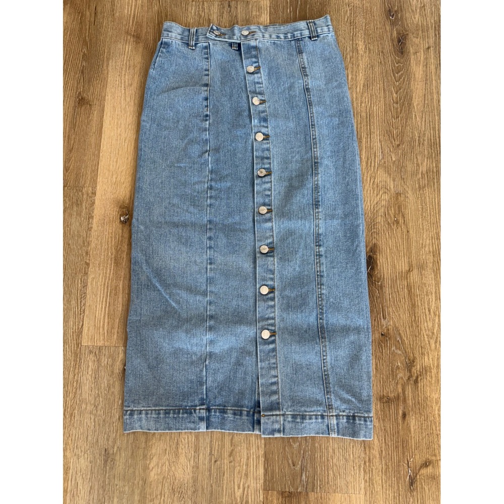 Boho Western Denim Midi Skirt Women M Light Wash Blue Full Button Front Retro